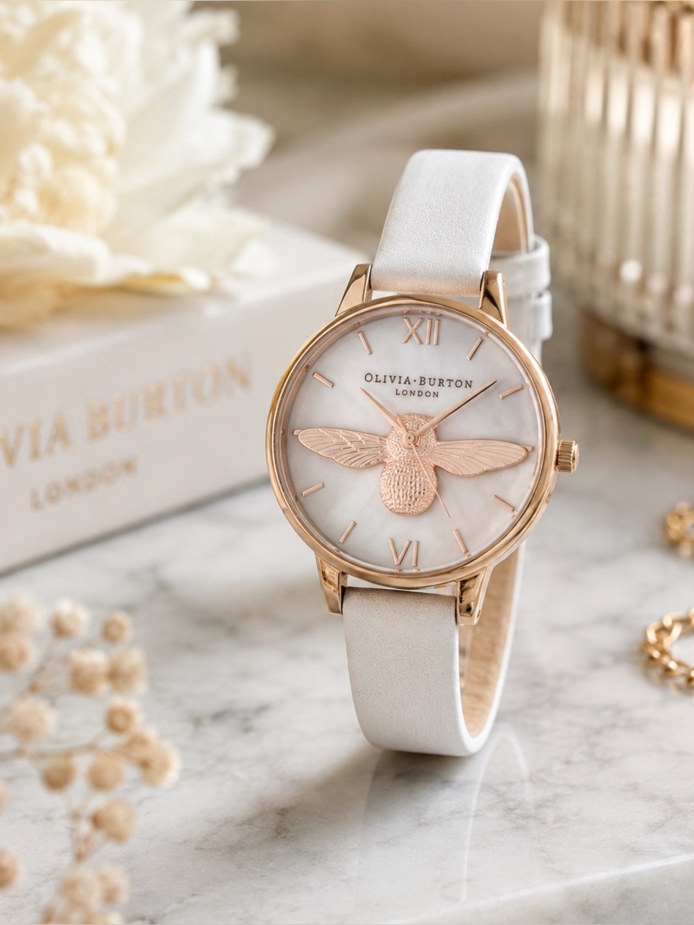 OLIVIA BURTON  London Bee Watch – Rose Gold Tone & Soft White-Ivory Leather